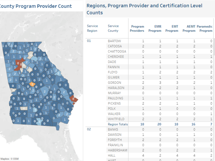 A map of ems program providers by county