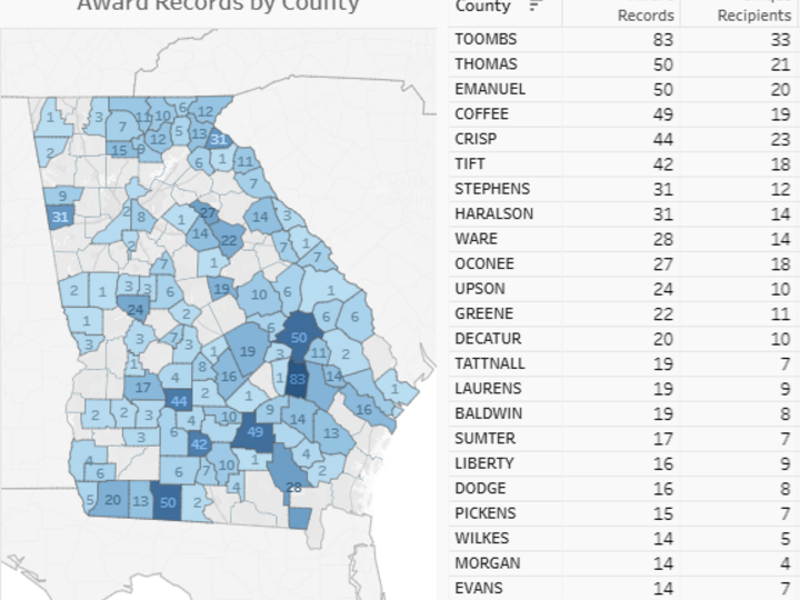 This dashboard shows the distribution of loan repayment program recipients across Georgia’s healthcare workforce.
