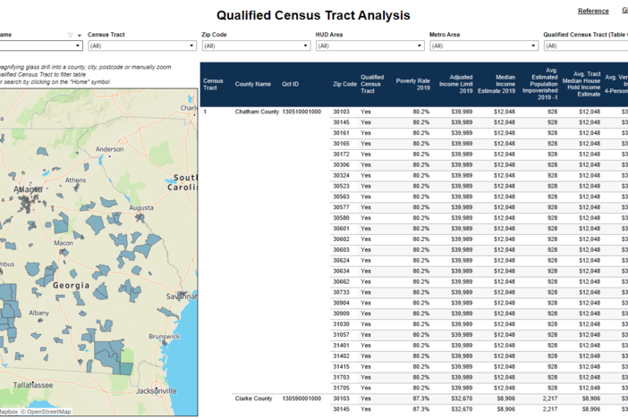 A geographical map and table of qualified census tracts